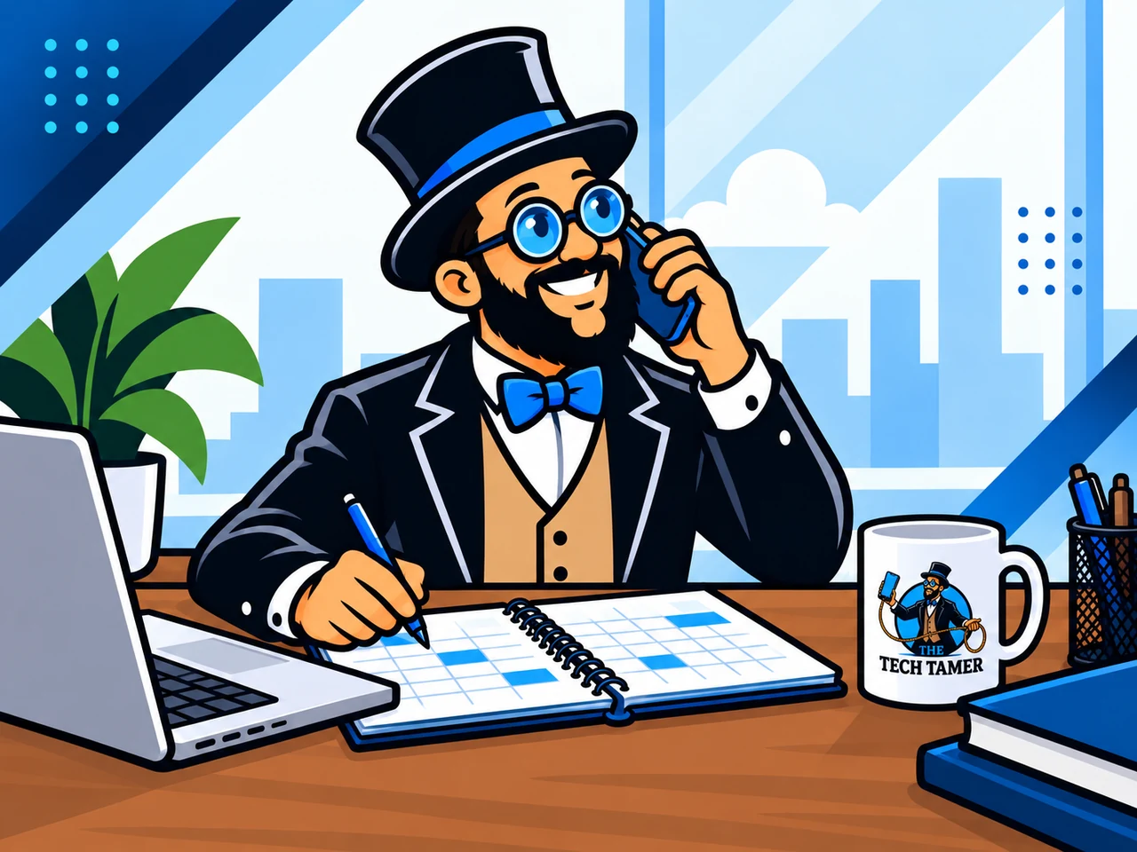 The Tech Tamer ringmaster at his desk on the phone, writing in a planner—ready on your schedule