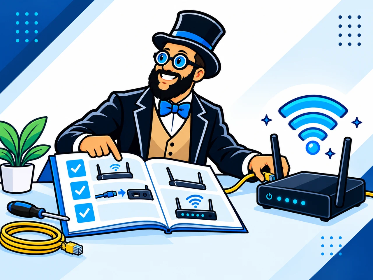 The Tech Tamer mascot following an illustrated kit to set up a Wi-Fi router